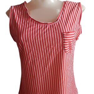 Vintage 70's Large Sleeveless Top Red & White Candy Stripe Womens Pocket Stretch
